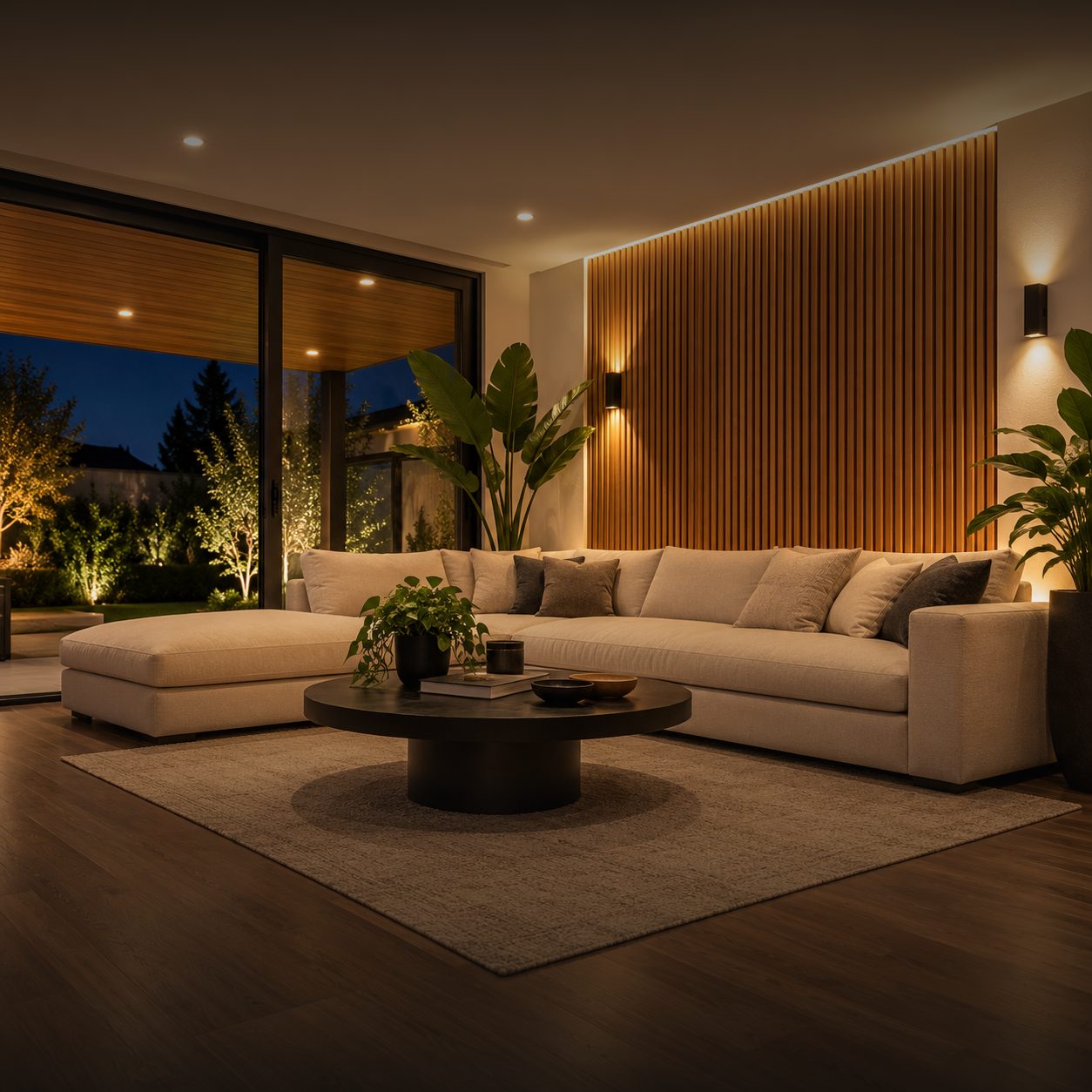 Living remodelado con sofá claro, muro de listones de madera y luz cálida