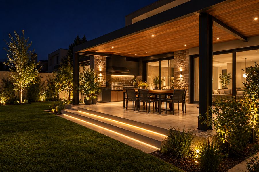 Terraza con pérgola de noche y comedor exterior