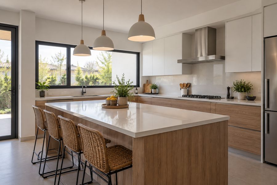 Cocina blanca con isla y muebles de madera