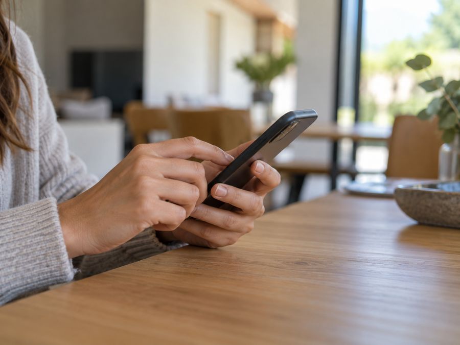 Manos usando celular sobre mesa de madera